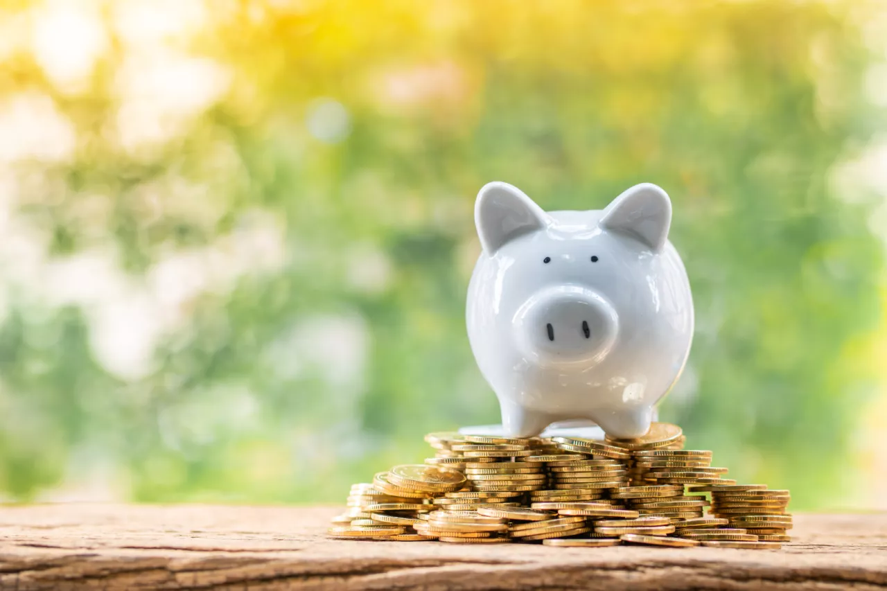 Weißes Sparschwein auf einem Stapel Goldmünzen vor grünem Hintergrund – in Photovoltaik investieren